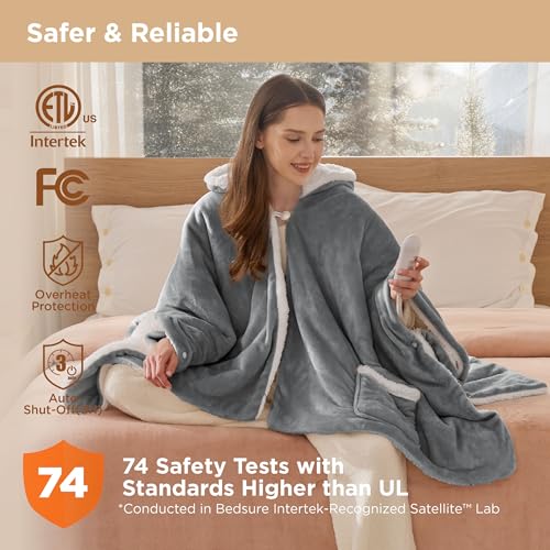 Bedsure Heated Blanket Wearable Shawl - Electric Wrap Poncho Blanket Hoodie for Adult, Birthday Gifts for Mom Women, Sherpa Heating Throw with 4 Time Settings & 6 Heat Settings, 55x64 inches, Grey - Image 6