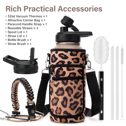 Insulated Water Bottle | Thickened Stainless Steel Vacuum Metal | Portable Sports Water Jug for Gym and Hiking with Straw, Carrier Bag, Handle Strap | BPA-Free 32 oz