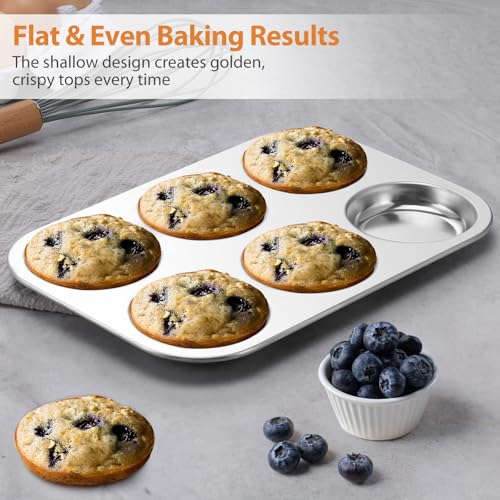 Image of E-far Muffin Top Pan, Stainless Steel 6-Cavity Shallow Cupcake Pan for Baking Whoopie Pie, Yorkshire Pudding, Eggs, Cornbread, Drop Cookies, Non-toxic & Standard Size, Oven & Dishwasher Safe