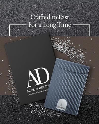 Access Denied Leather Carbon Fiber Wallets For Men - Navy Blue Money Clip Bifold Mens Wallet RFID Front Pocket Thin Credit Card Holder - Gifts For Men