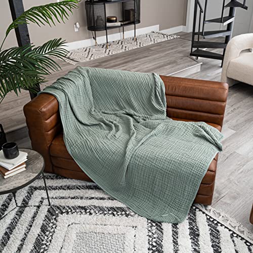 Image of Comfy Cubs Muslin Throw Blanket - 50 inch x 60 inch Quilted Design - Lightweight, Breathable 6-Layer Gauze Fabric - Soft Cotton Blanket for Home or Travel - Packaged in Elegant Gift Box - Fern