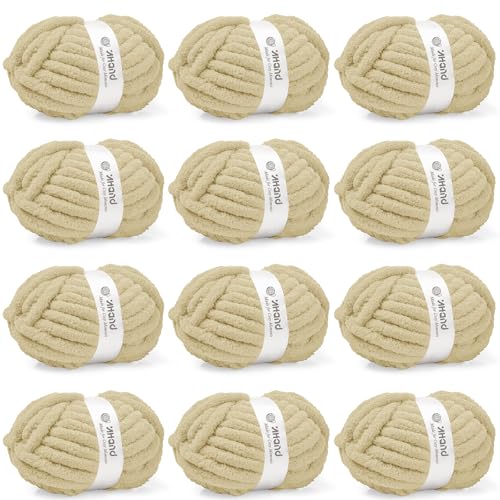 Image of Inhand Chunky Chenille Yarn for Hand Knitting, Thick Bulky Blanket Yarn for Crocheting, Soft Fluffy Yarn for Crochet Gifts & Crafts for Women /Beginners, 12 Pack (29.5 yds /8.4 oz Each), Sand Khaki