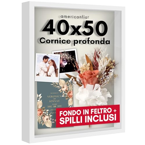 Americanflat Cornice Profonda per Oggetti 40x50 cm Bianca - Cornice 3D con Sfondo in Lino - Cornice Contenitore in Legno MDF, Plexiglass e Ganci Integrati - Shadow Box da Parete o da Tavolo