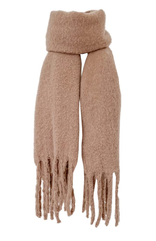 Soulqool Women's Khaki Long Scarf Winter Shawl Scarves Solid Color Wraps Wool Spinning Tassel Blanket Long Stole Gifts (Khaki)