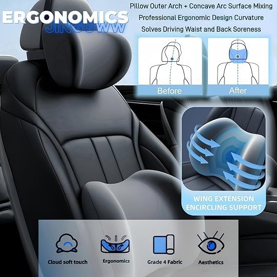 Image of Memory Foam Cars Neck and Lumbar Support Pillow, Removable Cover, Head Rest Support for Cars, Office Chair, Black, 1 Pack (Neckrest & Backrest (Gray))