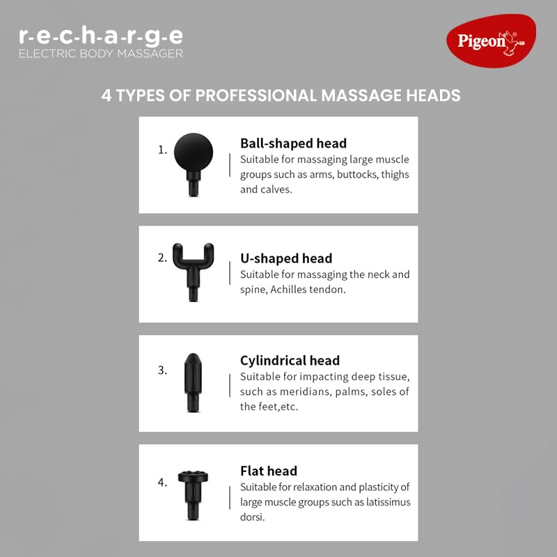 Pigeon Pulse Gun Massager with Digital display, 4 Heads, 6 Speed, Rechargeable, Handheld, Percussion Muscle Massager for Full Body Pain Relief, Muscle Relaxation of Neck, Shoulder, Back, Foot for Men & Women (Black) Pigeon Pulse Gun Massager with Digital display, 4 Heads, 6 Speed, Rechargeable, Handheld, Percussion Muscle Massager for Full Body Pain Relief, Muscle Relaxation of Neck, Shoulder, Back, Foot for Men & Women (Black)
