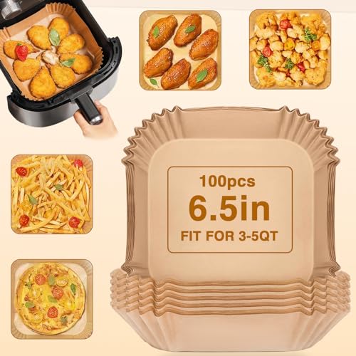 Square Air Fryer Liners Disposable, 100pcs Nonstick Parchment Paper Liners Air Fryer Paper Liners For 2-5 Qt AirFryer Baking Roasting Microwave (Square 6.5Inch)