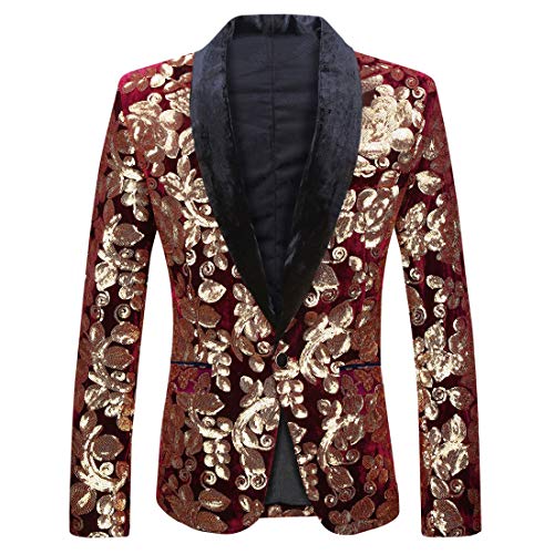 PYJTRL Blazer Tendance en Velours à Paillettes pour Homme Motif Floral (XL, Bordeaux 01)