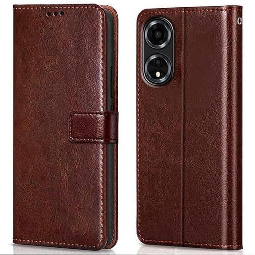 Image of Vintage Magnatic Closer Matte Leather Flip Cover Compatible Model for Oppo CPH2617 / Oppo A59 5G - Tan Brown