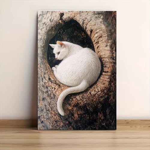 Tableau chat blanc arbre creux 60x90cm sans cadre pour habiller un mur vide