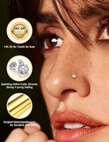 FIBO STEEL 18g 20g Nose Rings Hoops Nose Studs - Hypoallergenic Surgical Steel CZ Nose Stud L Shape Body Nostril Piercing Jewelry for Women Men 14k Gold Plated 20Pcs2