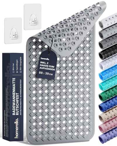 homerella® Badewannenmatte rutschfest 88x39cm, INKL. HAKEN, Rutschfeste Badematte BPA frei, Duschmatte rutschfest, Antirutschmatte Badewanne, Rutschmatte Badewanne, schimmelresistent&maschinenwaschbar