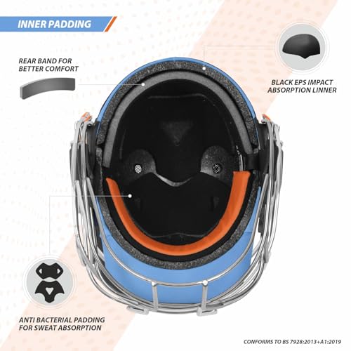 Image of DSC Empra Titanium BSI Approved Professional Cricket Helmet | BS7928 Certified Pro-Standard Hard Ball Helmet with Ultra-Light Titanium Grill & Advanced Shock Absorption | Color: Sky Blue | Size: S