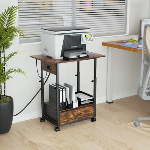 DALEMHOME Printer Stand with Charging Station, 2-Tier Height Adjustable Printer Table with Power Outlets Ports, Mobile Printer Cart with Fabric Drawer & Lockable Wheels, for Home Office, Rustic Brown