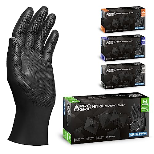 PROGRIP Einweghandschuhe Diamant Grip, Schwarz, Einmalhandschuhe Extra Stark, Nitrilhandschuhe Gr. M, 2x dicker, Handschuhe Einweg, Arbeitshandschuhe für Werkstatt & Montage, 50 Stk/Box