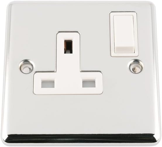 A5 Socket 1 Gang - Polished Chrome - Classic - White Insert Plastic Switch - 13A Single Wall Plug Socket