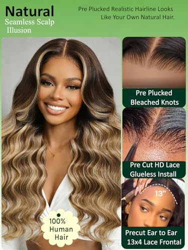 Image of KLAIYI Bye Bye Slip Pre Everything 13x4 Lace Front Honey Blonde Balayage Body Wave Human Hair Wig with Chestnut Brown Roots Drawstring Glueless Ombre Pre Plucked Bleached Knots Wear and Go Wig 24Inch