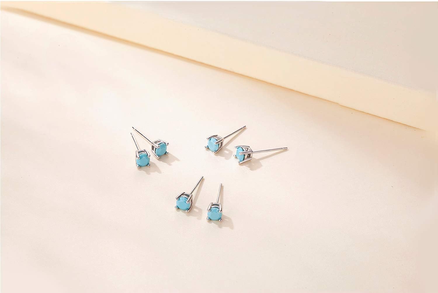 Sterling Silver Stud Earrings for Men Women- Hypoallergenic Tiny Turquoise Stud Earring Set 2mm 3mm 4mm White Gold Plated Round Prong-Set Birthstone Small Earrings