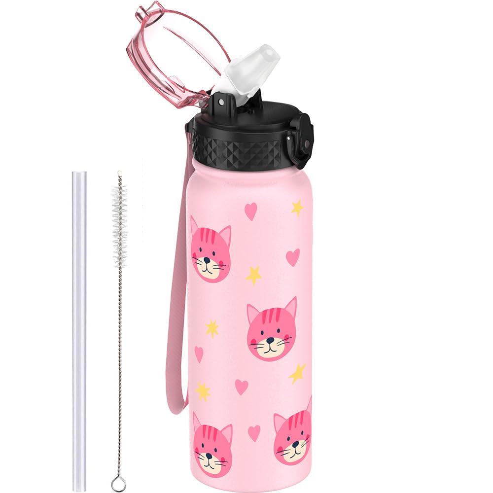 600ml/20oz Stainless Steel Water Bottle with Straw Insulated Sports Bottle Cold Flask with Straw Double Walled Flip up Metal Water Bottles Leakproof Water Bottle for Gym Sports