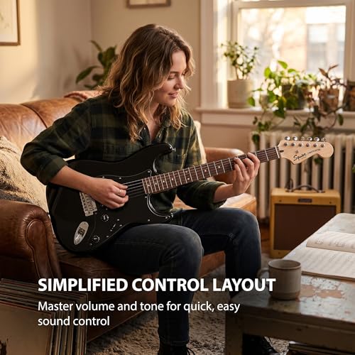 Image of Fender Squier Sonic Stratocaster HT H - Black Bundle with Mustang Micro Headphone Amp, Cable, Tuner, Strap, Picks, and Austin Bazaar Instructional DVD