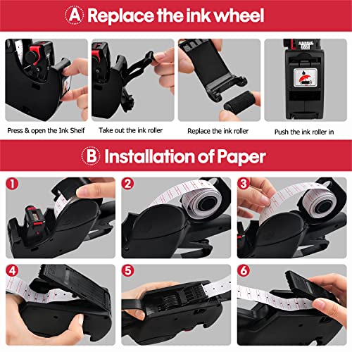 MX5500 Preisschildpistole mit 5150 Stück Aufkleber-Etiketten und extra Tinte, 8-stelliger Etikettenhersteller für Einzelhandel, Lebensmittelgeschäft (schwarz)