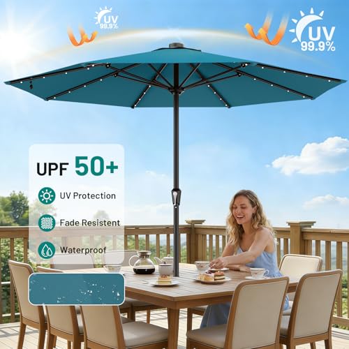 Image of AreShark 11FT Large Patio Umbrella with Solar Lights, Lighted Solar Umbrella with Crank, Outdoor Table Market Umbrellas for Garden, Deck, Backyard, Pool and Beach, Lake Blue
