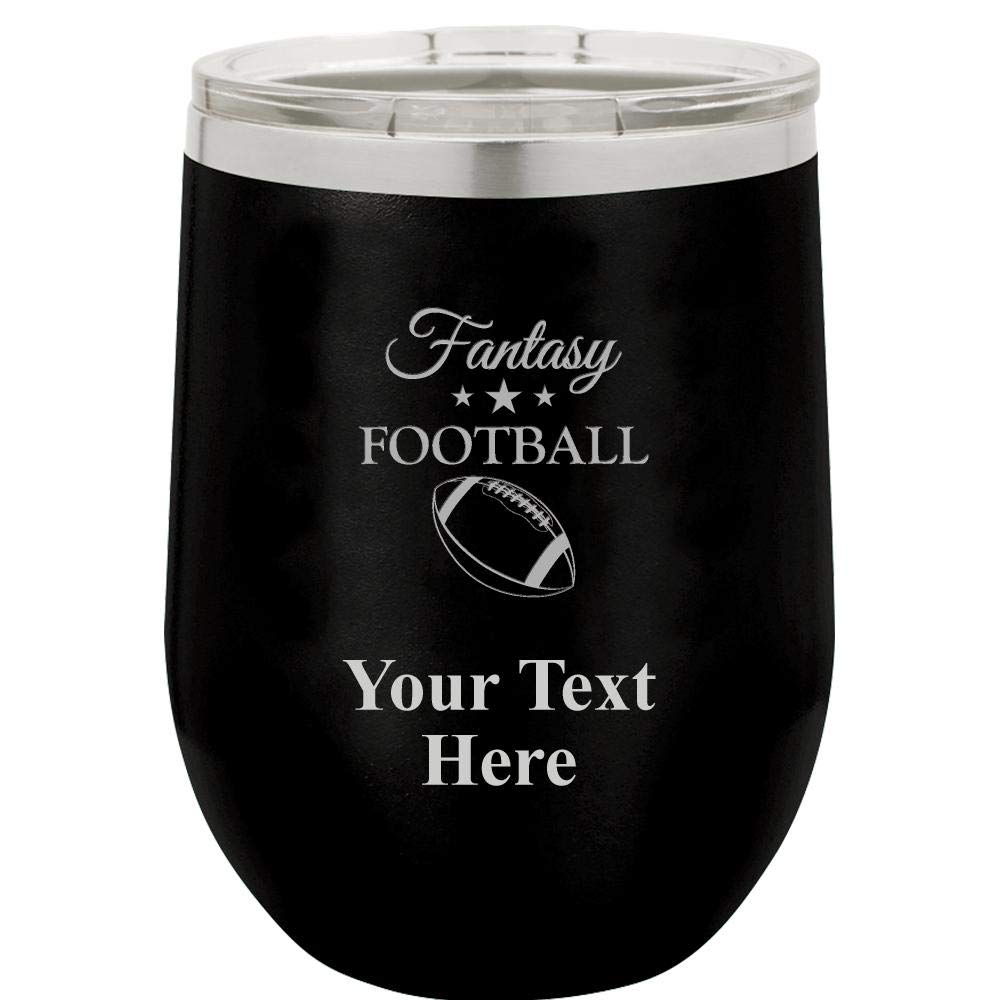 Fantasy Football Favors - 12oz Black Stainless Steel Hot/Cold Travel Wine Tumbler with Clear Lid - Great Customizable Gift And BPA Free Prime