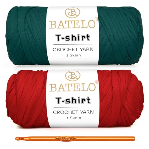 Image of Bateca Christmas 2 Pack T-Shirt Yarn for Beginner Crochet Set, Thick High Elastic Yarn, Polyester Fabric (Red, Blackish Green), 400g /110yds