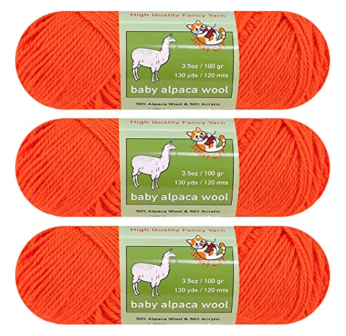 Baby Alpaca Luxury Wool Blend Yarn Worsted Weight 3 skeins (100g/3.5oz/Each) Art Crafts Crochet and Knitting Sunny Cat Premium Brand (43 Peach Orange)