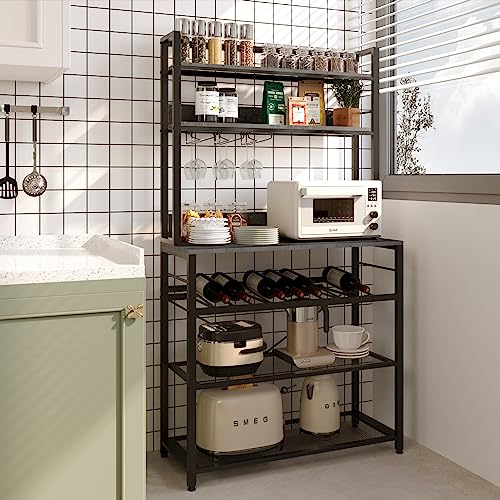 6 Tier Kitchen Bakers Rack With Wine Storage, Microwave Oven Stand, Coffee Bar, Kitchen Hutch Shelf With 4 Hooks And Wine Glass Holder Free Standing Utility Storage Shelf Rack Organizer, Ash Gray #TOP2