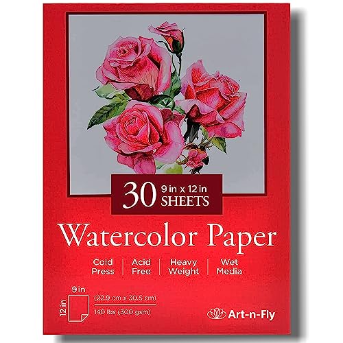 Art-N-Fly Watercolor Paper Pad 9x12 30 Sheets - Cold Press Water Color Sketchbook Pad 140 lb for Art Painting, Drawing, Wet & Mixed Media - Water Coloring Paint Paper for Artists