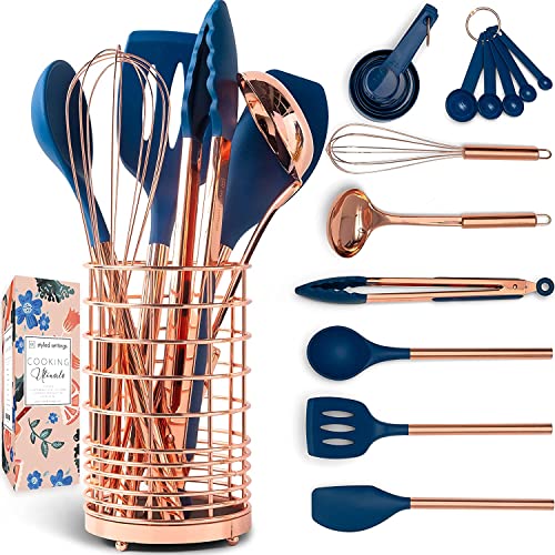 Copper And Blue Silicone Kitchen Utensils Set -17Pc Set Includes Copper Utensil Holder, Blue Measuring Cups & Spoons, Copper Kitchen Utensils - Navy Blue Kitchen Decor, Unique Kitchen Gifts #TOP14