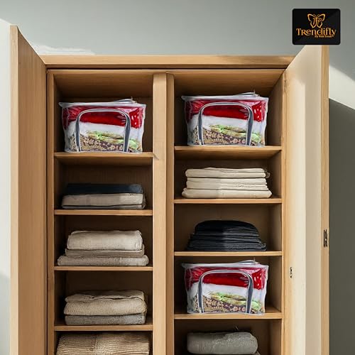 Image of Trendifly transparent clothes organiser Bag | wardrobe bedroom storage organizer box | Moisture Dust proof | 2 side Opening with zipper Undergarments Jeans Blankets Shirts Saree (42 * 32 * 28) (1)