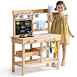 ROBUD Cucina in legno per bambini piccoli, cucina giochi per esterni con lavello, fornello, vasi, lavagna, vano portaoggetti e accessori da cucina, giocattolo per ragazzi e ragazze dai 3 anni in su