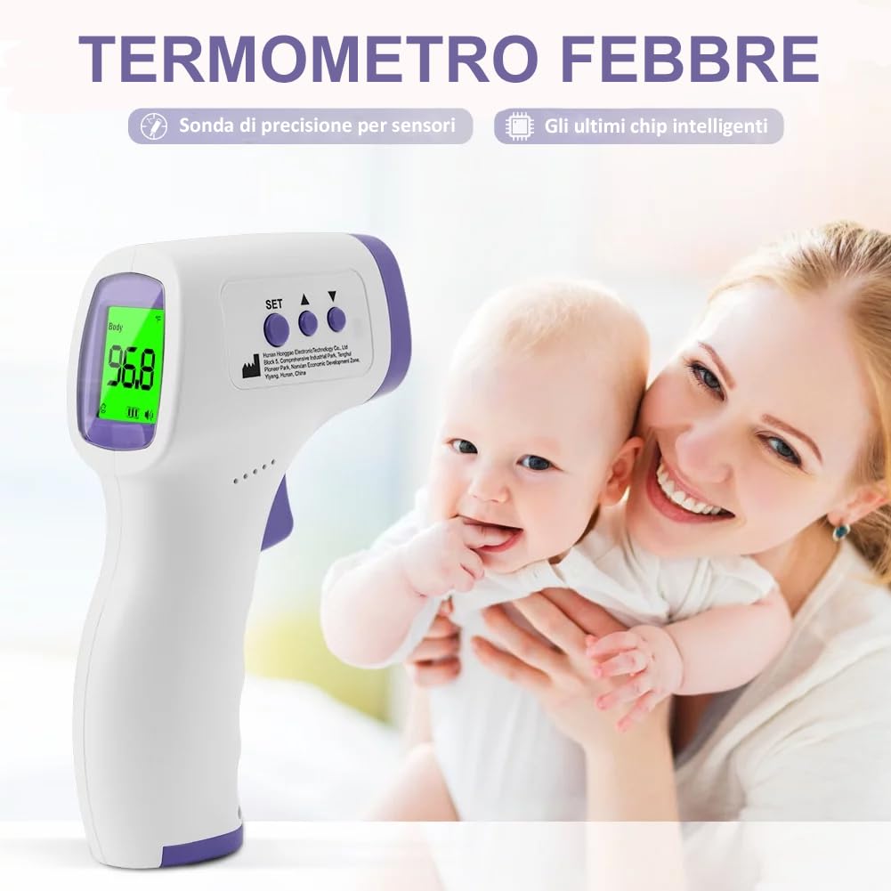 Termometro Febbre, Termometro Frontale per Neonati Termometro Infrarossi Termometro Multifunzione Senza Contatto Misurazione Rapida e Accurata con Lettura Istantanea, Allarme Febbre