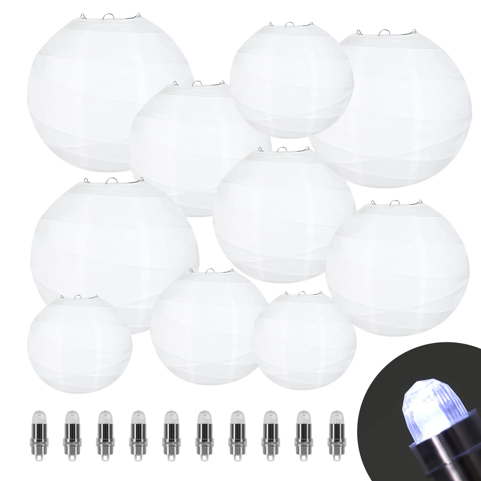 LIHAO 10PCS White Paper Lanterns with Lights, Chinese Hanging Paper Lanterns Party Decorations for Wedding Anniversary Birthday Home Outdoor(Size of 6”, 8”, 10”, 12”)