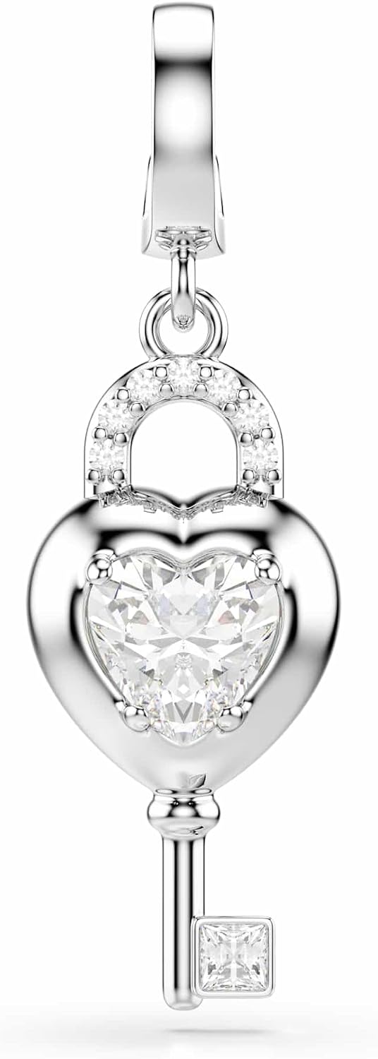 Swarovski Idyllia charm, Mixed cuts, Heart with key, White, Rhodium plated