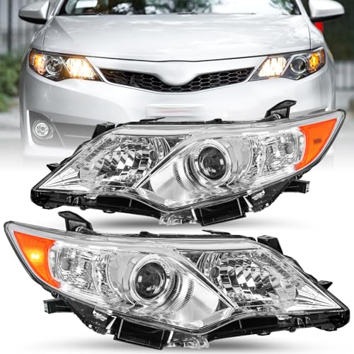 JSBOYAT Fit for 2012 2013 2014 Toyota Camry Headlight Assembly SE/L/LE/XLE/Hybrid Projector Headlamp Driver Passenger Side(Chrome Housing & Amber Reflector)