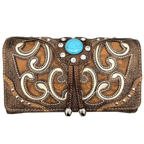 Justin West Tooled Leather Laser Cut Rhinestone Concho Studded Shoulder Concealed Carry Tote Style Handbag Purse Wallet