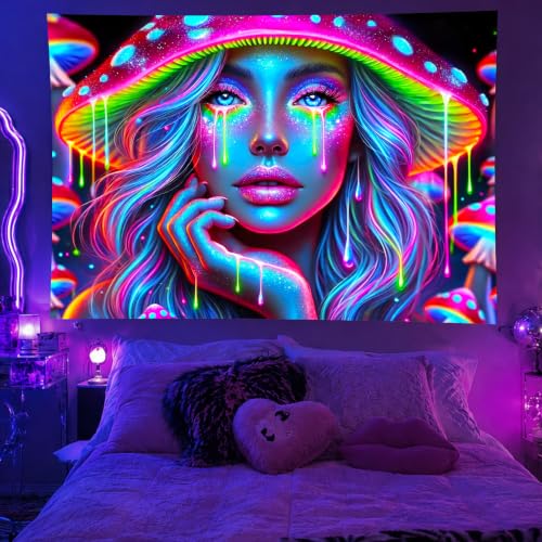 Image of BlissYard Anime Characters Blacklight Tapestry Banner 79x59 Inch Psychedelic Mushroom Girl Neon Trippy Art Aesthetic Bohemian Spiritual Wall Hanging Bedroom Decor Visionary Decration Glow In The Dark Psychedelic Banner Black Light Tapestries