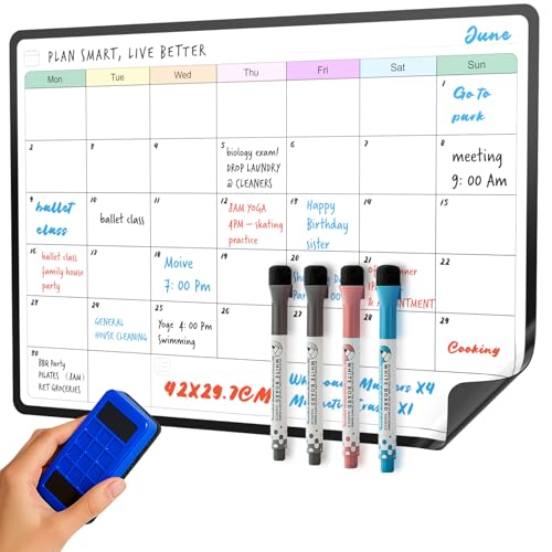 SURFOU Calendrier Magnetique Frigo, A3 Planificateur Mensuel, Tableau Blanc Effacable To-Do List, Organisation Familiale, Listes de Courses, avec 4 Stylos...