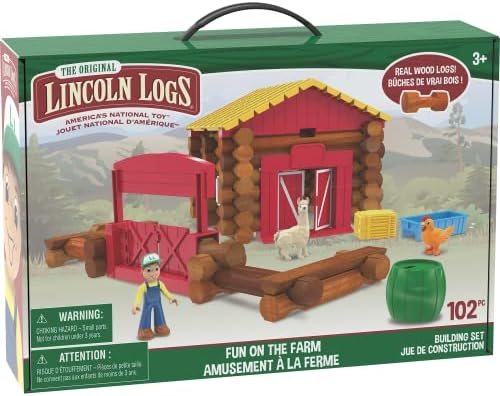 LINCOLN LOGS – Fun On The Farm - 102 Parts - Real Wood Logs - Ages 3+ - Best Retro Building Gift Set for Boys/Girls – Creative Construction Engineering – Top Blocks Game Kit - Preschool Education Toy