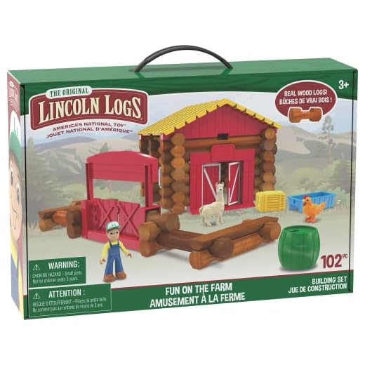 LINCOLN LOGS – Fun On The Farm - 102 Parts - Real Wood Logs - Ages 3+ - Best Retro Building Gift Set for Boys/Girls – Creative Construction Engineering – Top Blocks Game Kit - Preschool Education Toy