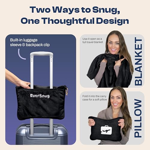 Image of EverSnug Travel Blanket and Pillow - Ultra-Soft, Compact & Lightweight, 65x40 Inches, with Carry Case, Luggage Sleeve & Backpack Clip for Airplane Comfort (Black)