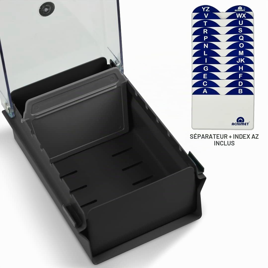 Acrimet Porte-Cartes de Visite, Boîte de Rangement, Base en Métal Couleur Noir et Couvercle en Plastique Transparent (Inclut des cartes d'index AZ - 95 mm x 68 mm; un séparateur en plastique)