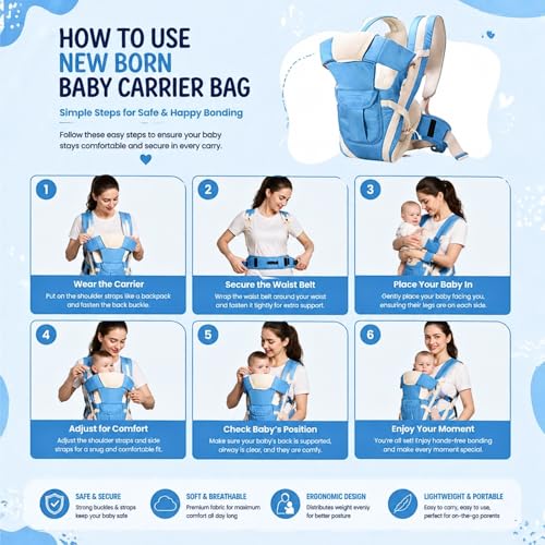Image of LittleBoo New Born Baby Carrier Bag 4-in-1 Adjustable Baby Sitting Carrier Bag - Front & Back Carry with Head Support, Safety Belt & Buckle Straps for 0-24 Months (Sky Blue)