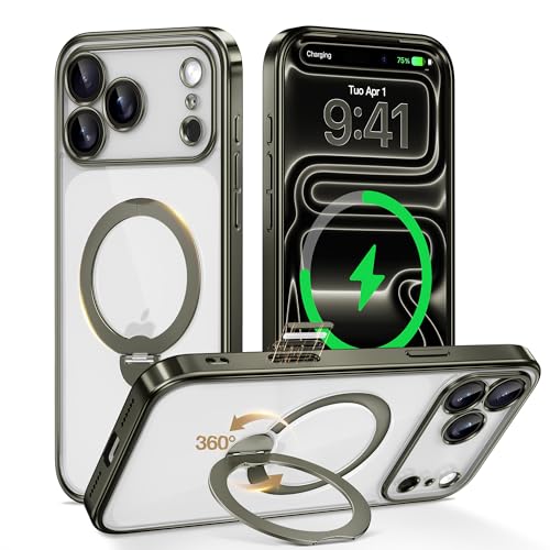 GolbinBox for iPhone 17 Pro Case with 360° Spin Magnetic Stand,[Compatible with Magsafe] [Military Protection][Built-in Ring Holder] Camera Control Phone Case for 17 Pro,Titanium Gray/Clear