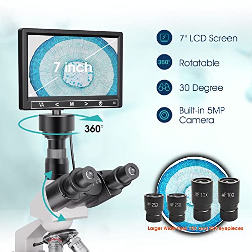 Upgraded Microscope For Adults With 40X-2500X Magnification, Dual-View Siedentopf Head Lab Trinocular Compound Microscope With Adjustable Thermostat Mechanical Stage, 7'' Lcd Screen, Built In Camera #TOP1