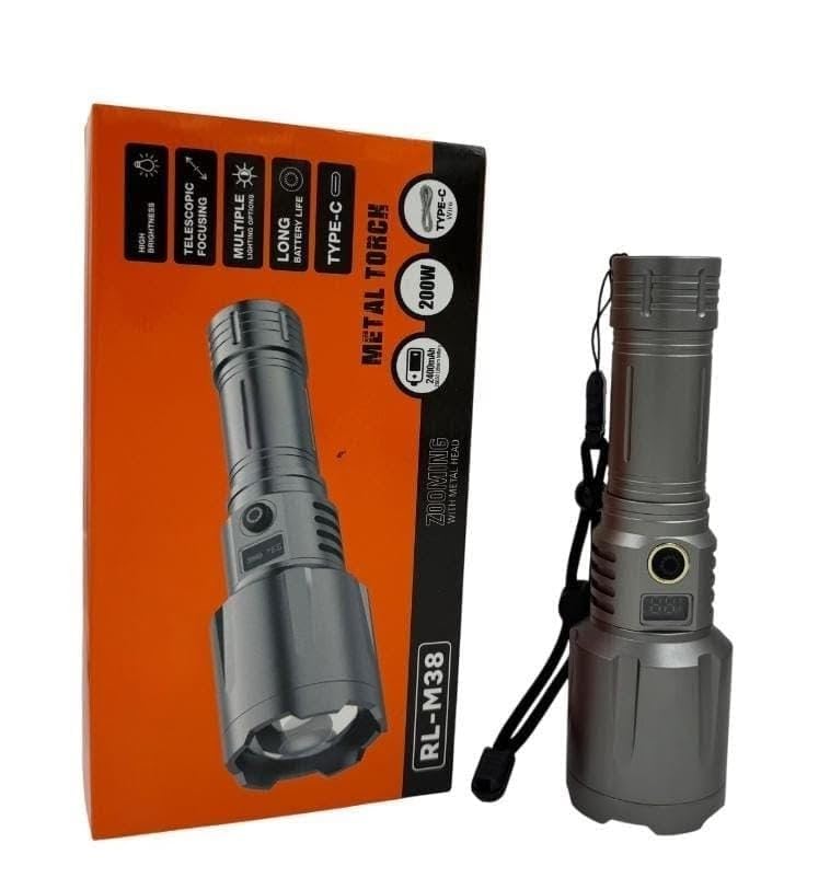 RL-M38 Heavy Duty Metal Torch 200W High Power LED | Zoomable Focus | 2400mAh Rechargeable | Type-C Charging | Long Distance Light-image-24