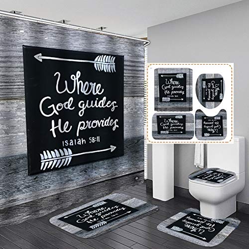 4Pcs Motivational Quote Shower Curtain Set with Rugs, Waterproof Polyester Fabric, Bible Verse Scripture Bathroom Curtains Home Decorative